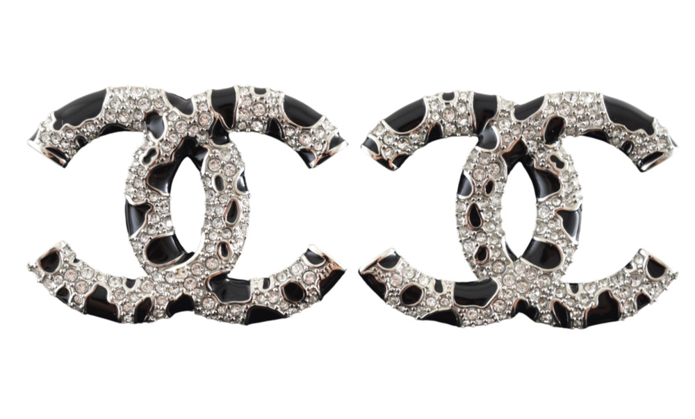 Chanel 26A Silver Crystal Black Dalmatian XL CC Logo Dangle Drop Stud Earrings